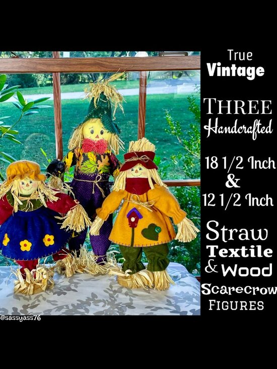 Vintage Other - ▪️VTG▪️Three HANDCRAFTED 18.5" & 12.5" Straw Textile & Wood SCARECROW Figures